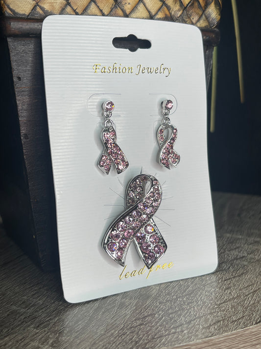 Breast Cancer Awareness Earrings and Brooch Set