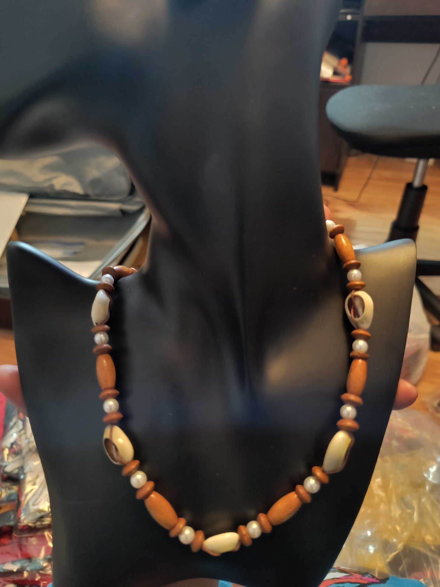 Wood, Pearl, and Shell Necklace