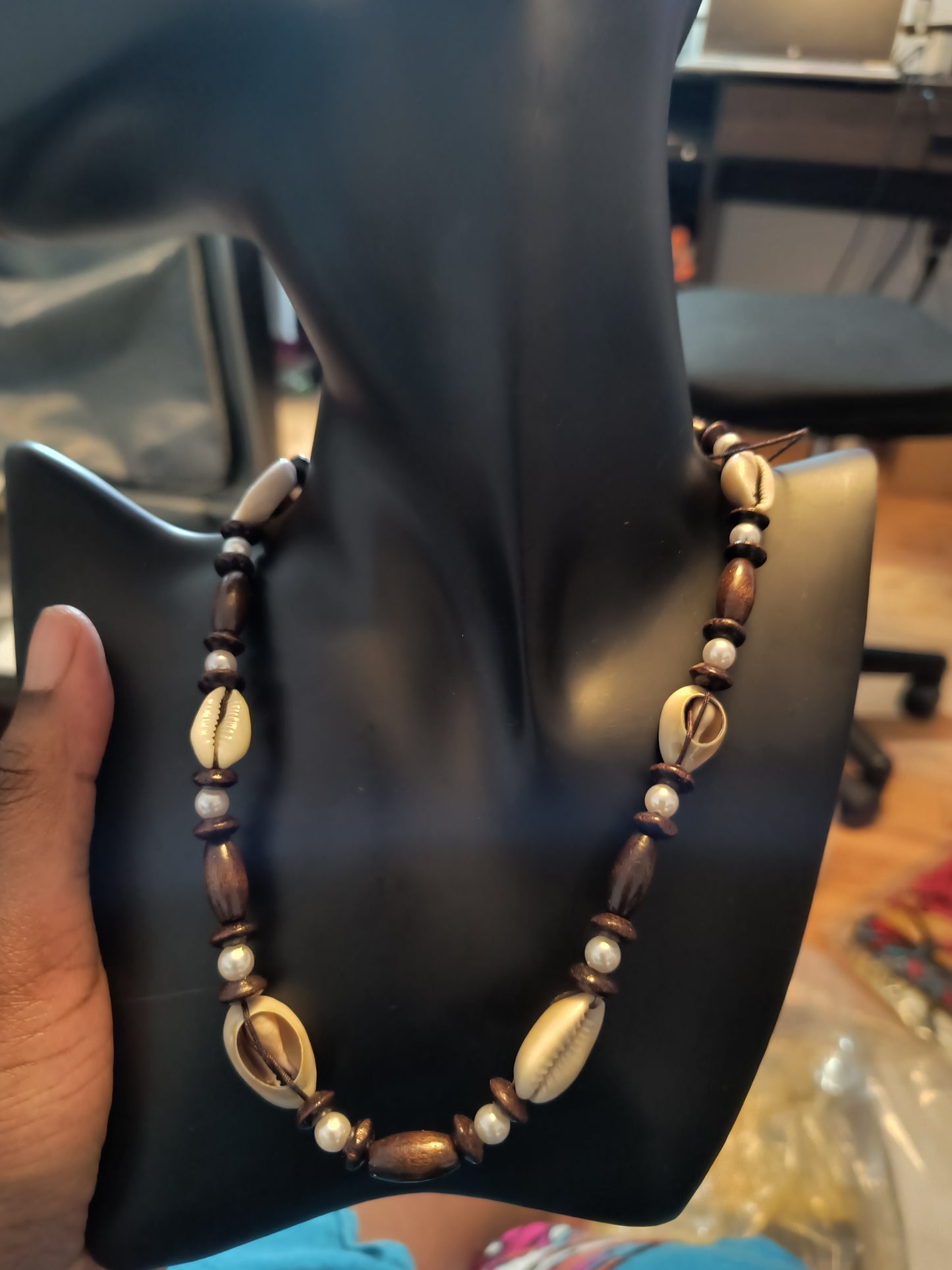 Wood, Pearl, and Shell Necklace